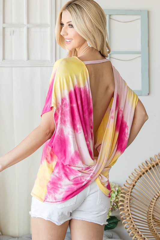 Trendy Tie Dye Open Back Top - Women's Twisted Cross Back Summer Shirt