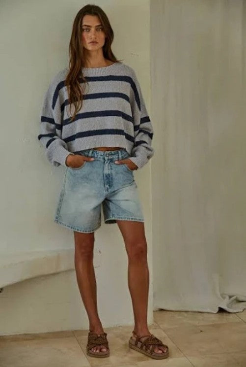 Knit Sweater Striped Crewneck Long Sleeve Top