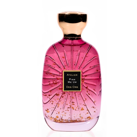 Pink perfume bottle with gold accents on a white background
