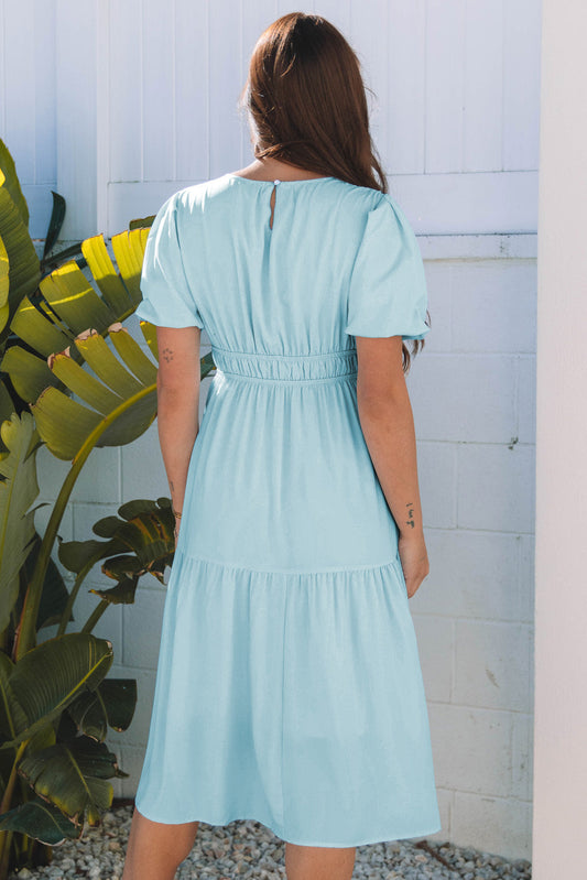 Lara Puff Sleeve Pleated High Waist Midi Dress