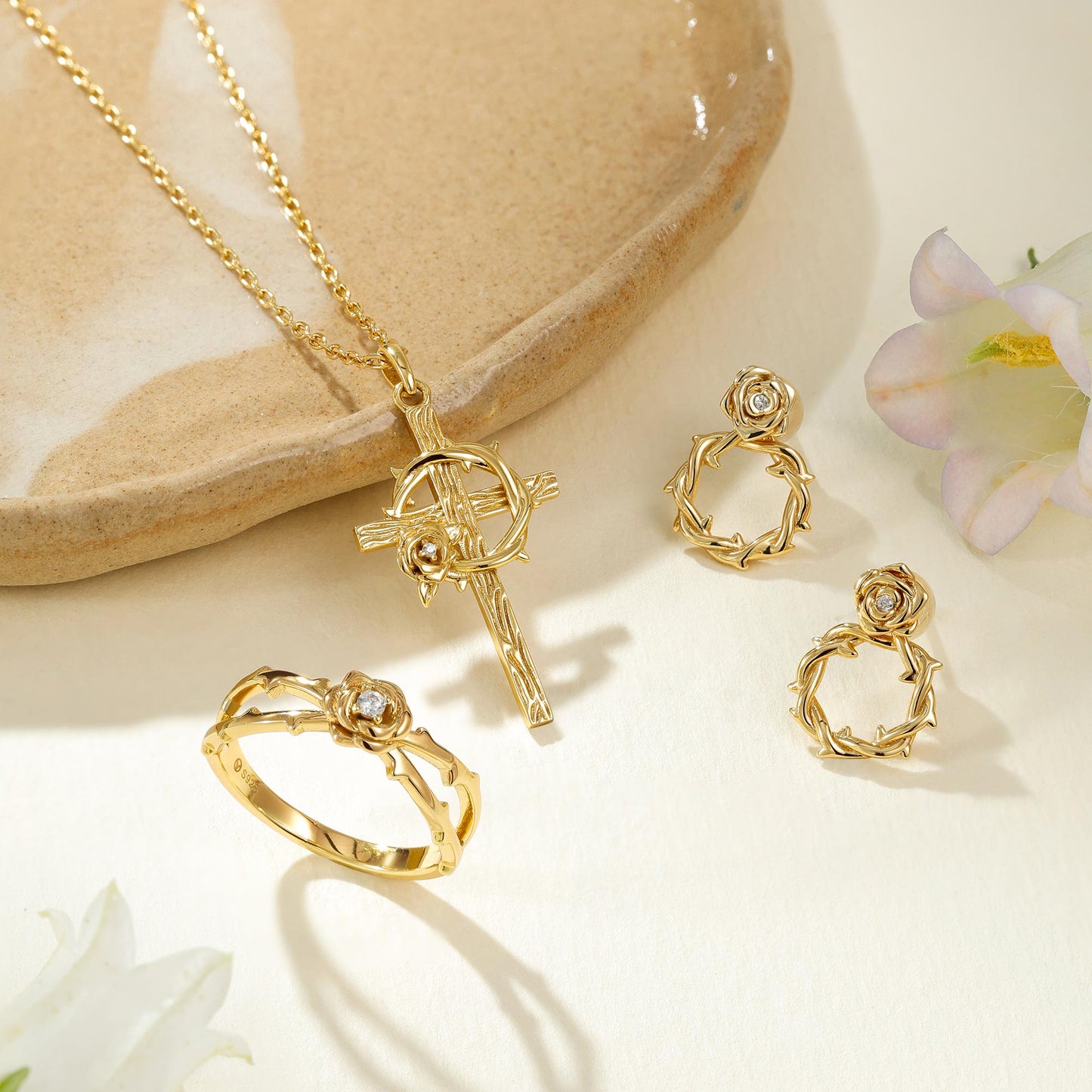 Crown of Thorns Rose Cross Pendant Necklace