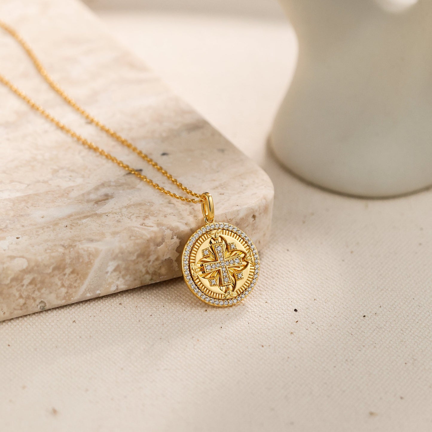 Divine Radiance Cross Protection Prayer Medallion Pendant Necklace