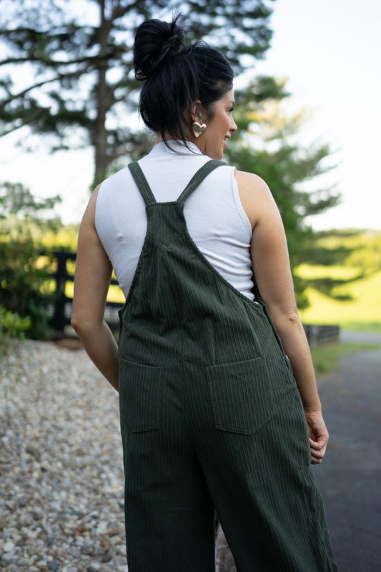 Reya Pocketed Loose Fit Corduroy Overall in Jungle Green