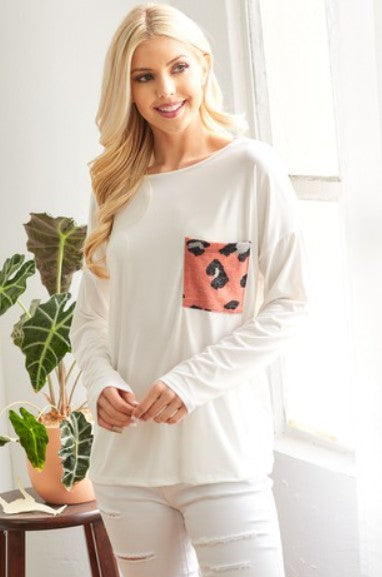 Women's Classic Solid Tee with Leopard Print Pocket | Casual Chic Style