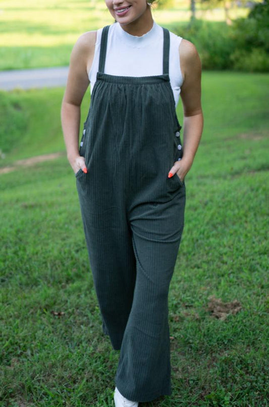 Reya Pocketed Loose Fit Corduroy Overall in Jungle Green