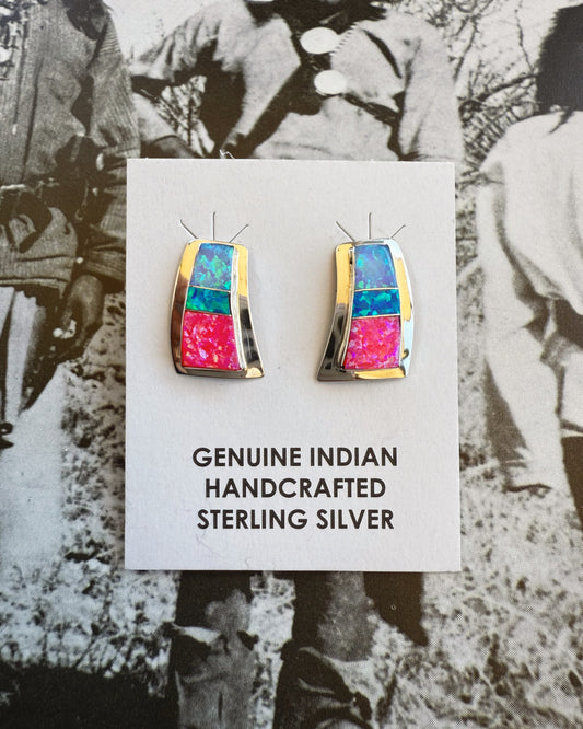 Pair of earrings with colorful design on a card labeled 'Genuine Indian Handcrafted Sterling Silver' against a vintage background.