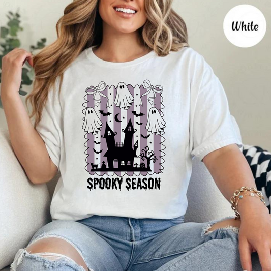 Purple Stripe Haunted House Spooky Season Graphic Tee