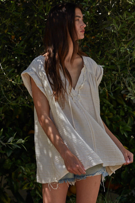 Lyla Woven V-Neck Tie Strap Sleeveless Top With Side Slits And Side Pockets in Natural