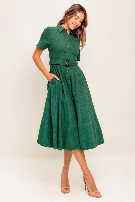 Emerald Code Jacquard Cotton Midi Dress - Button-Down Shirtdress with Pockets & Belt | Vintage-Inspired Workwear