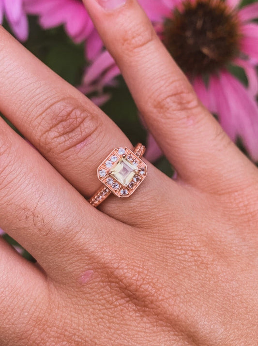 Rose Gold, Citrine and Zircon Pave Cushion Cut Ring