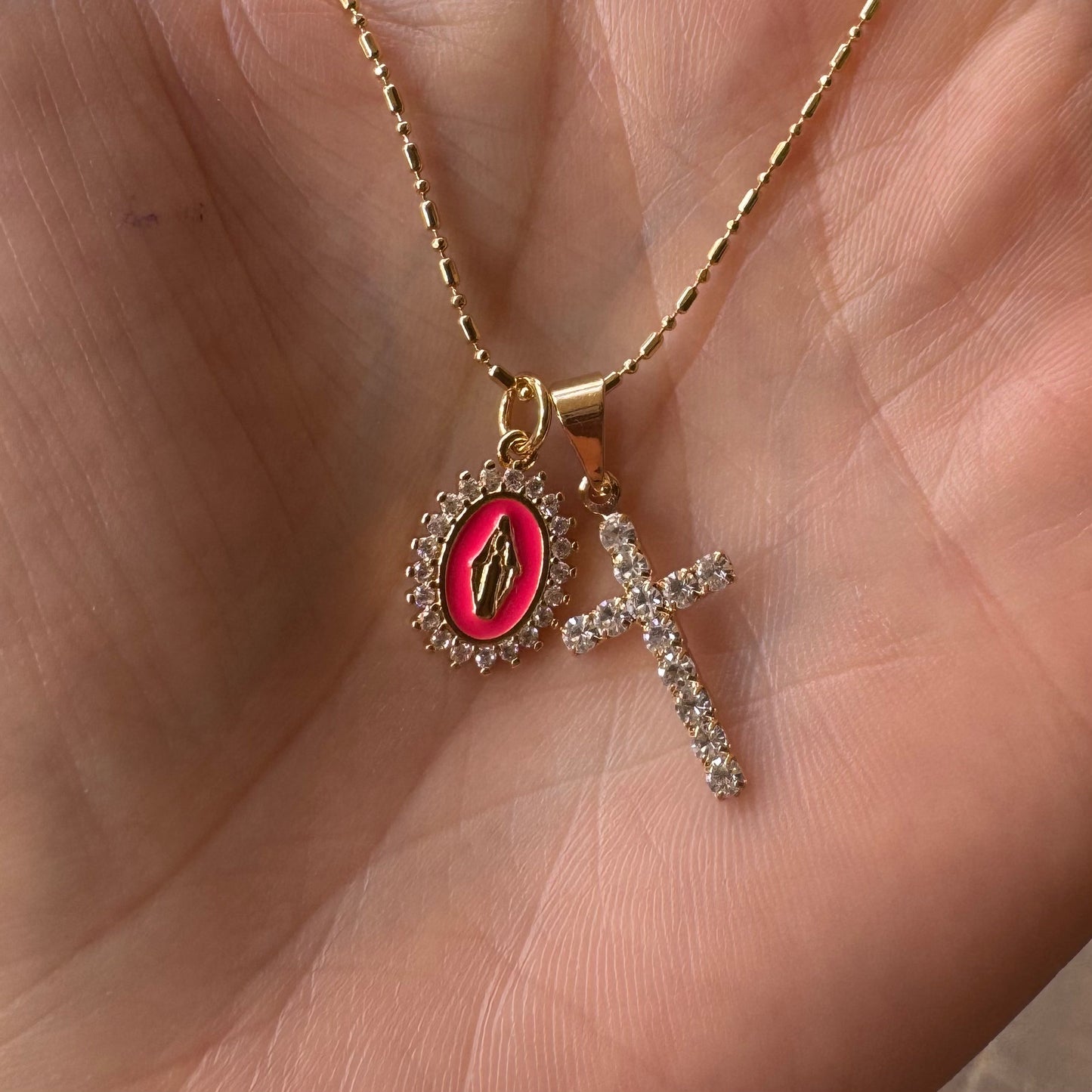 Hot Pink Lady Lourdes multi-charm Necklace