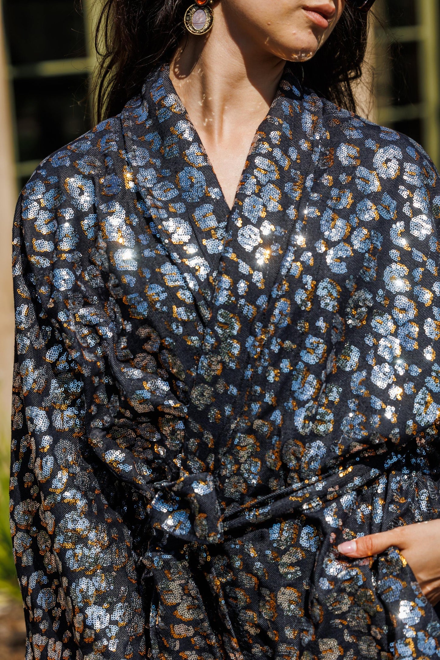 Leopard Sequin Dolman Wrap Kimono Top