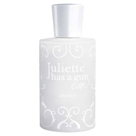Perfume bottle labeled 'Juliette has a gun Anyway' on a white background