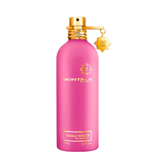 Pink perfume bottle with gold cap on a white background
