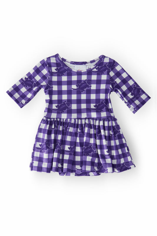 TCU Plaid Frog 3/4 Sleeve Twirl Bodysuit