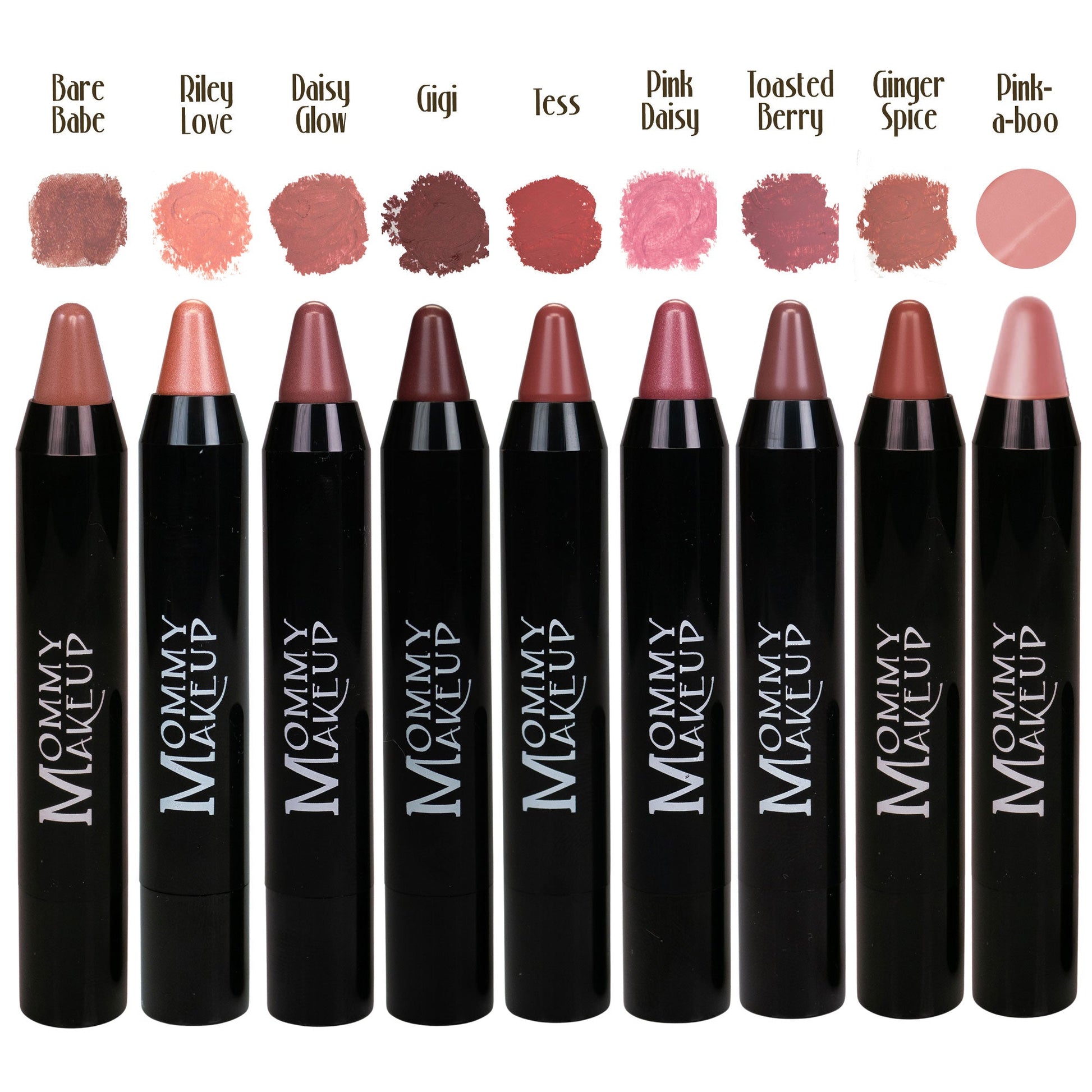 Set of Mommy Makeup lipsticks with color swatches above them on a white background.