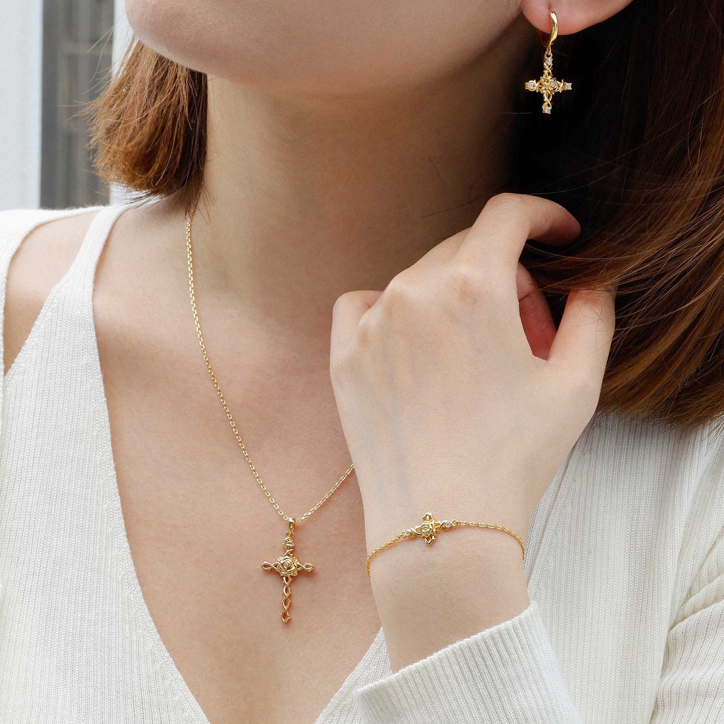 Floral Cross June Rose Birth Flower Necklace