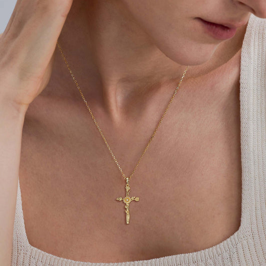Floral Cross April Daisy Birth Flower Necklace