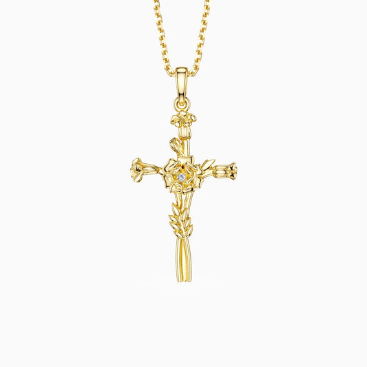 Floral Cross October Marigold Birth Flower Necklace