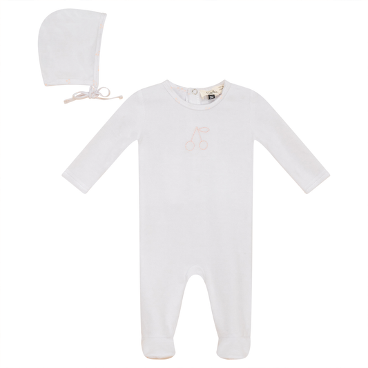 Cherry Print Onesie and Bonnet Velour Set