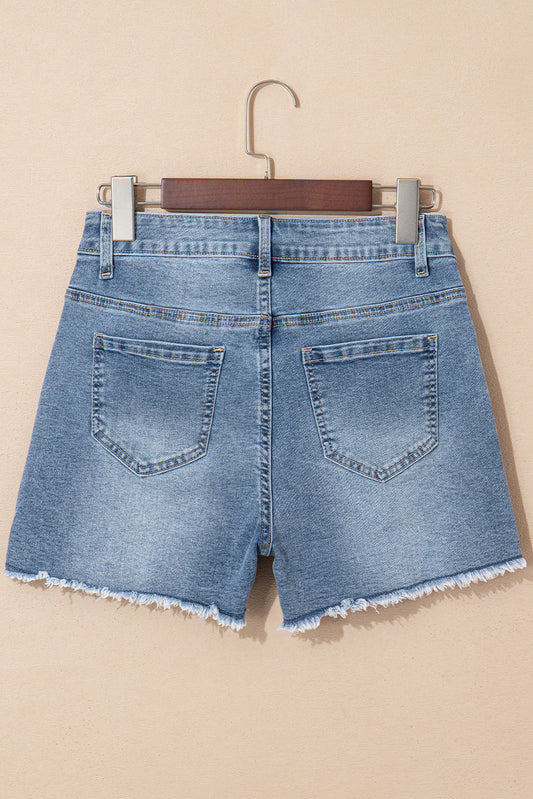 Amelie Pearl Beaded Raw Hem Medium Wash Denim Shorts
