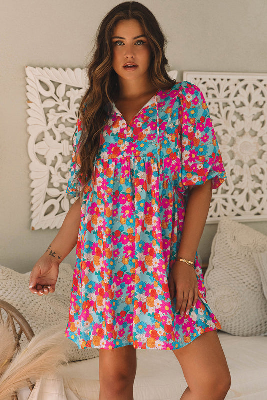 Lena Floral Bubble Sleeve Babydoll Dress - Romantic Sky Blue Mini Dress with Puff Sleeves