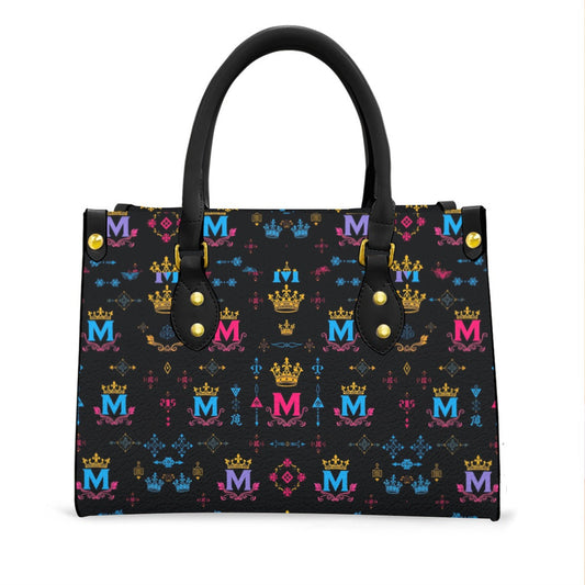 Munsieur Black Handle Women's Handbag with Crown Print