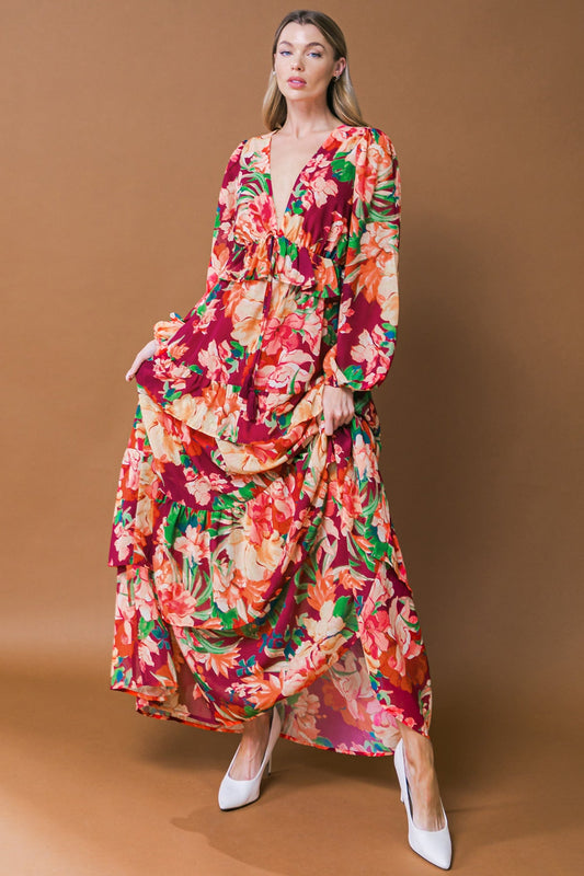 Leave You Speechless Burgundy Maxi Dress - Tiered Ruffle Evening Gown with Long Sleeves | Wedding Guest & Special Occasion