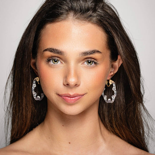 Flower Bamboo Lucite Hoop Earrings