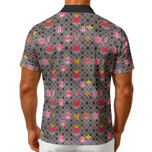 Man wearing a patterned shirt with colorful logos on a white background