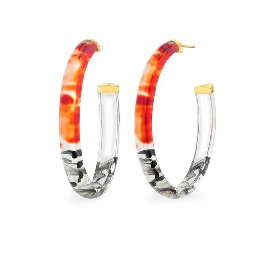 XL Oval Tie Dye Lucite Hoop Earrings in Red & Black
