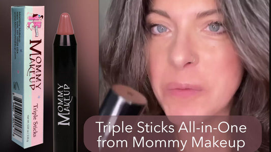 Mommy Makeup triple sticks with packaging and a close-up of a woman applying makeup.