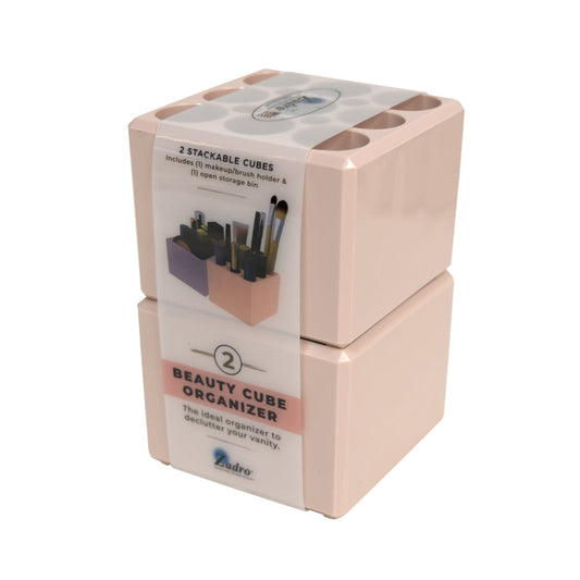Two pink stackable beauty cube organizers with Zadro branding on a white background